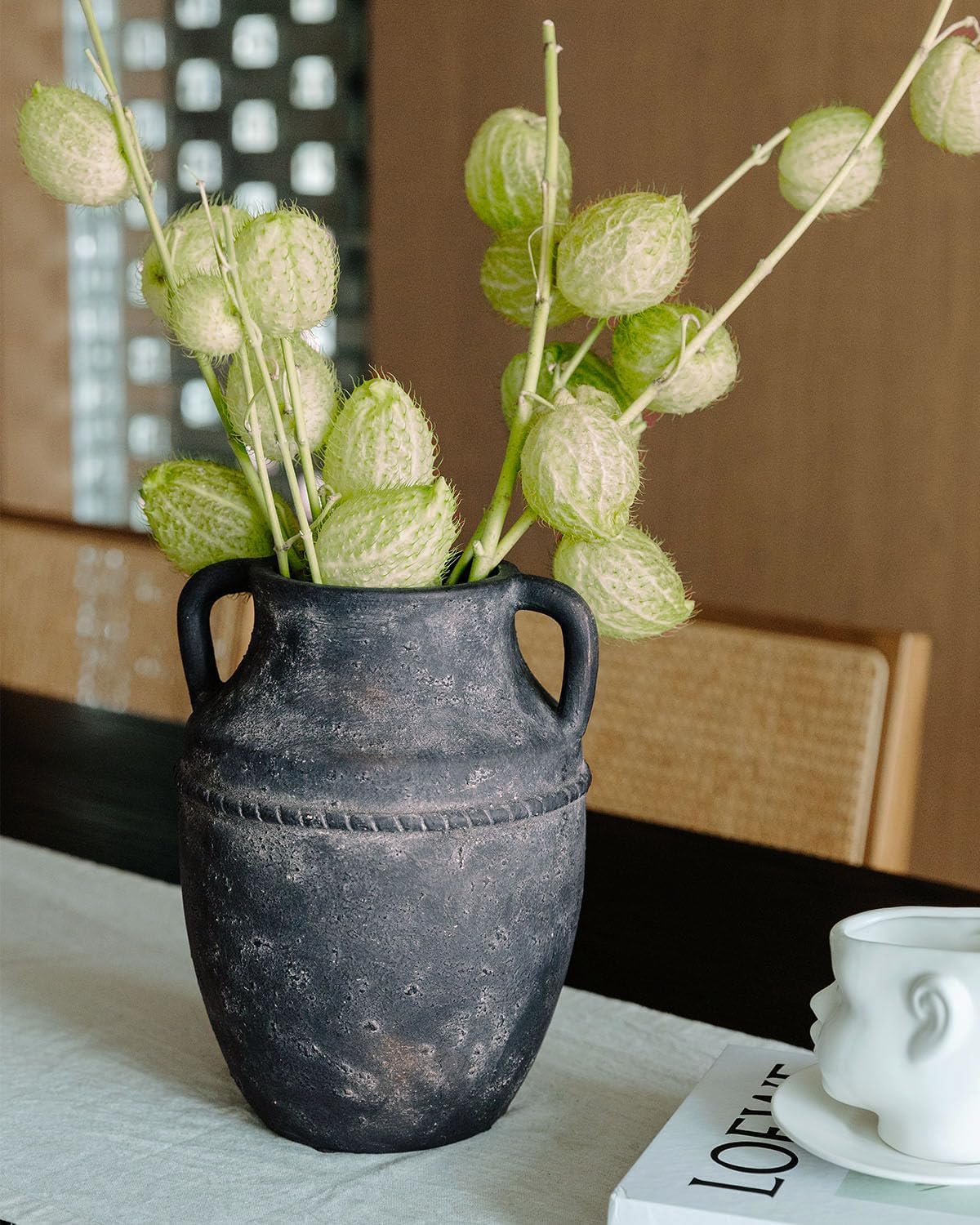 Ceramic Flower Vase Home Decor - 9 inch Farmhouse Rustic Vases, Vintage Pottery with Handles for Living Room Kitchen Bookshelf Mantel Coffee Table Dining Fireplace,Thoughtful Gift (Black Gold)