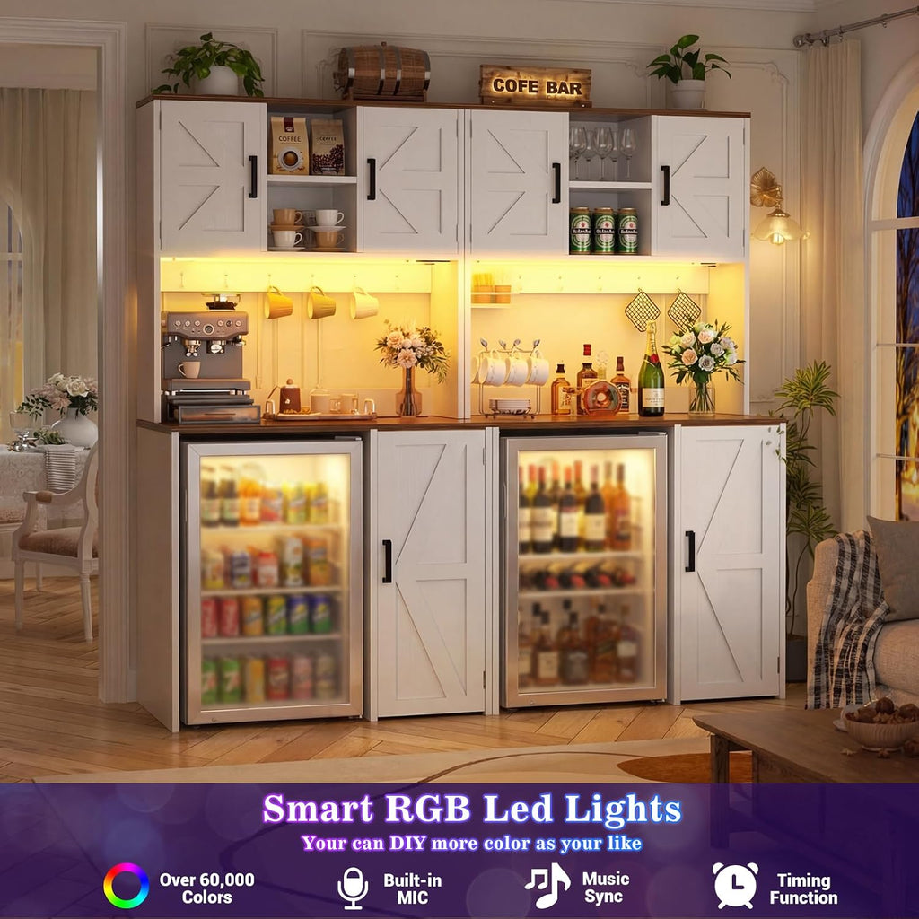 Unikito Mini Fridge Cabinet with Storage, Coffee Bar Cabinet with Outlet & Led Light, Liquor Wine Bar Stand with Mini Fridge Space & Microwave Shelf, Beverage Station for Kitchen Dorm Office, White