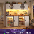 Unikito Mini Fridge Cabinet with Storage, Coffee Bar Cabinet with Outlet & Led Light, Liquor Wine Bar Stand with Mini Fridge Space & Microwave Shelf, Beverage Station for Kitchen Dorm Office, White