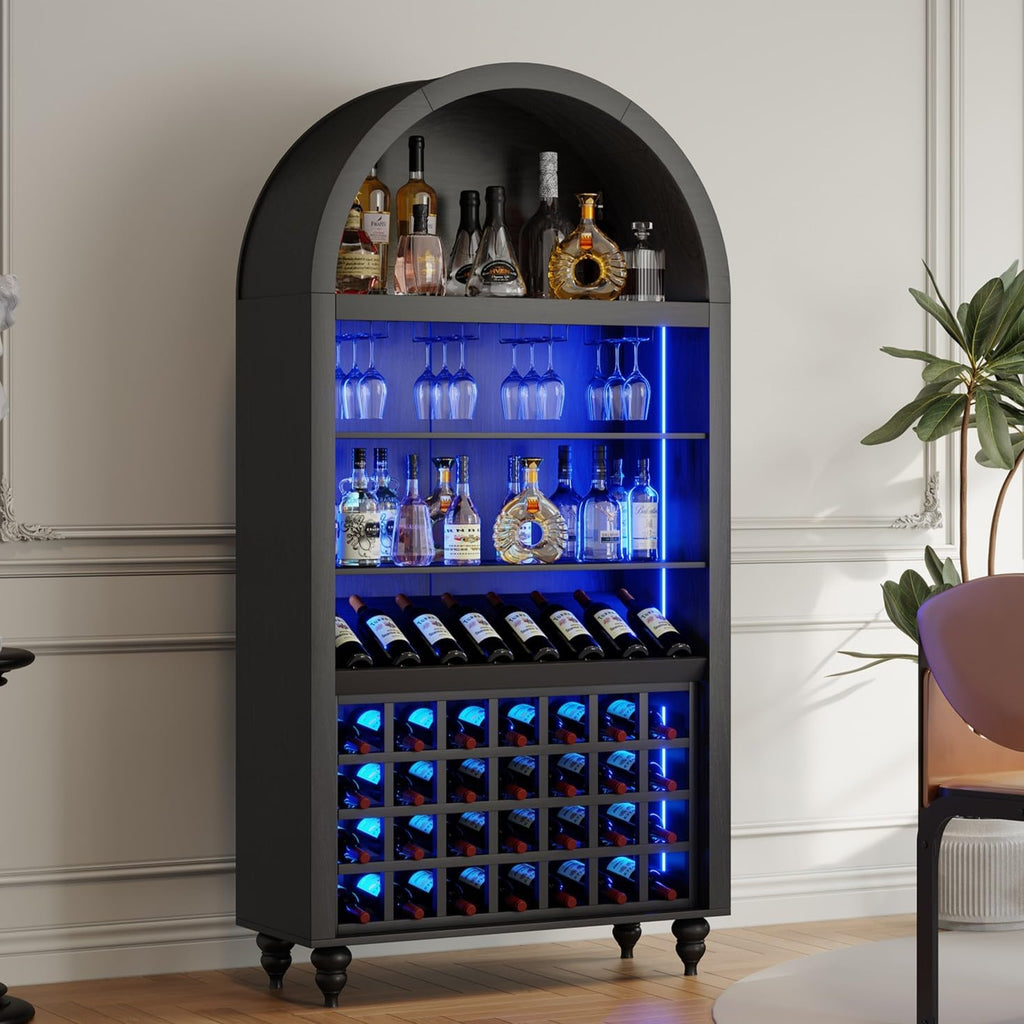 71" Tall Arched Wine Bar Cabinet with Wine Racks & Glass Holder, Wide Liquor Cabinets with LED Lights & Charing Ports, Kitchen Pantry Cupboard, Coffee Bar Storage Cabinet for Home, Dining Room (Black)