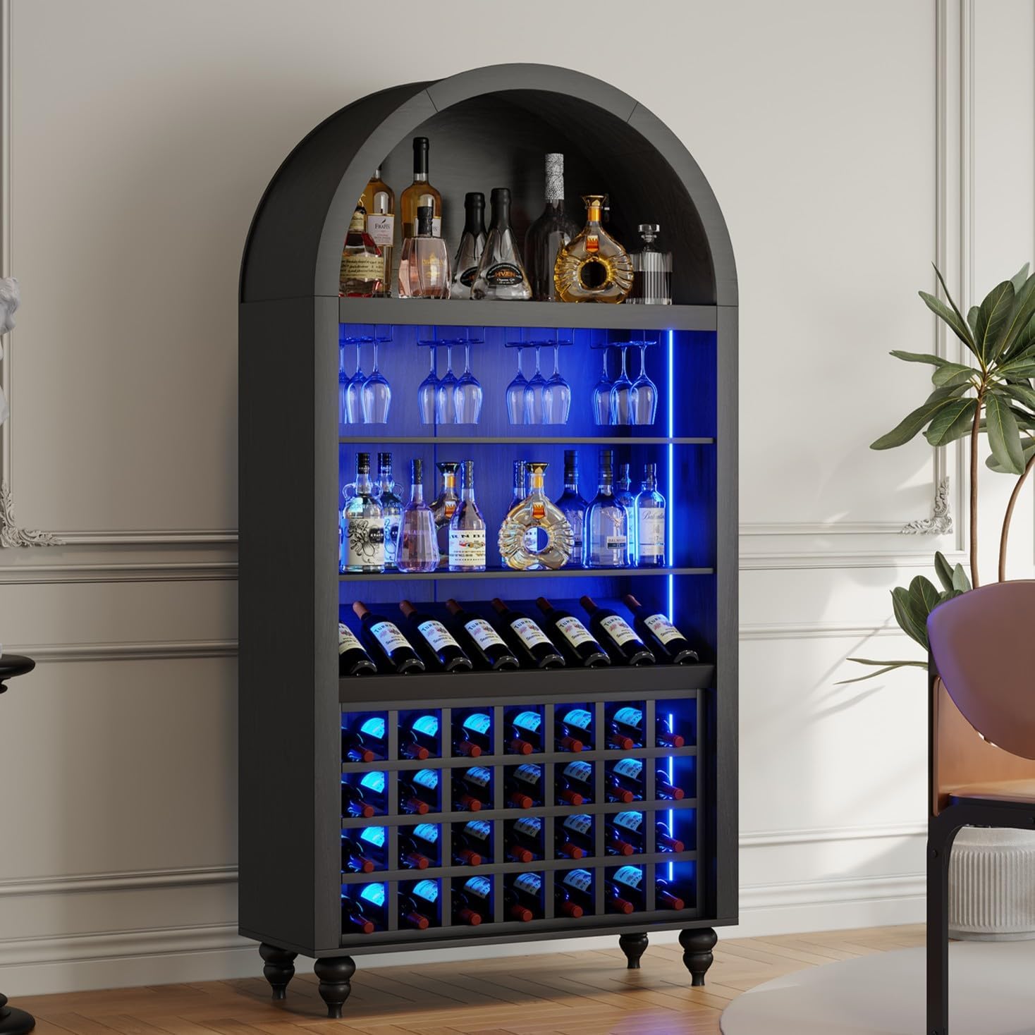 71" Tall Arched Wine Bar Cabinet with Wine Racks & Glass Holder, Wide Liquor Cabinets with LED Lights & Charing Ports, Kitchen Pantry Cupboard, Coffee Bar Storage Cabinet for Home, Dining Room (Black)