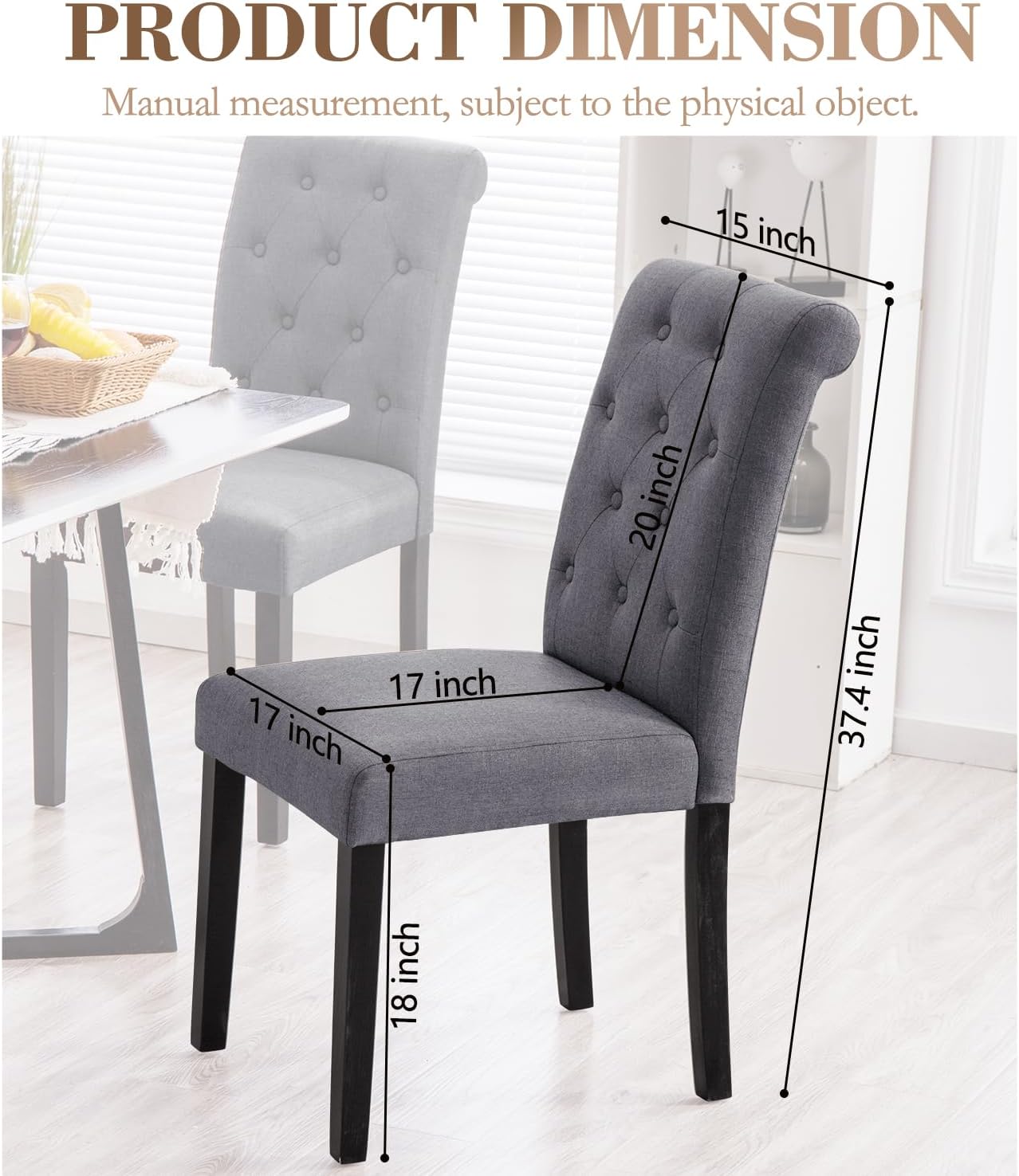Dining Chairs Set of 2 Upholstered Dining Room Chairs Fabric Tufted Kitchen Chairs with Wood Legs High Back Dining Chair Mid Century Modern Chair for Dining Room,Kitchen,Living Room (Gray)