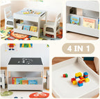 Kinder King Kids Wood Table & 2 Chairs Set, 4 in 1 Children Activity Table w/Double Bookcase, Blackboard, Toddler Furniture Set for Art, Crafts, Drawing, Reading, Playroom, Grey