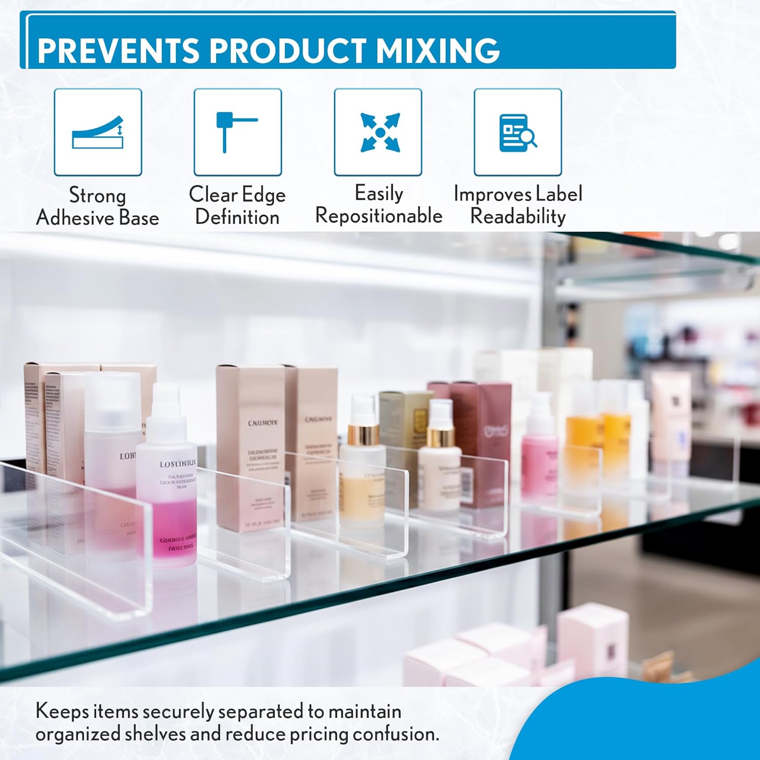 Clip Strip Corp. 50 Pack Shelf Dividers for Retail Stores, 1" H x 9-9/16" L, 15 mil Crystal Clear PVC Adhesive Mount Retail Shelf Separator, SD-1510