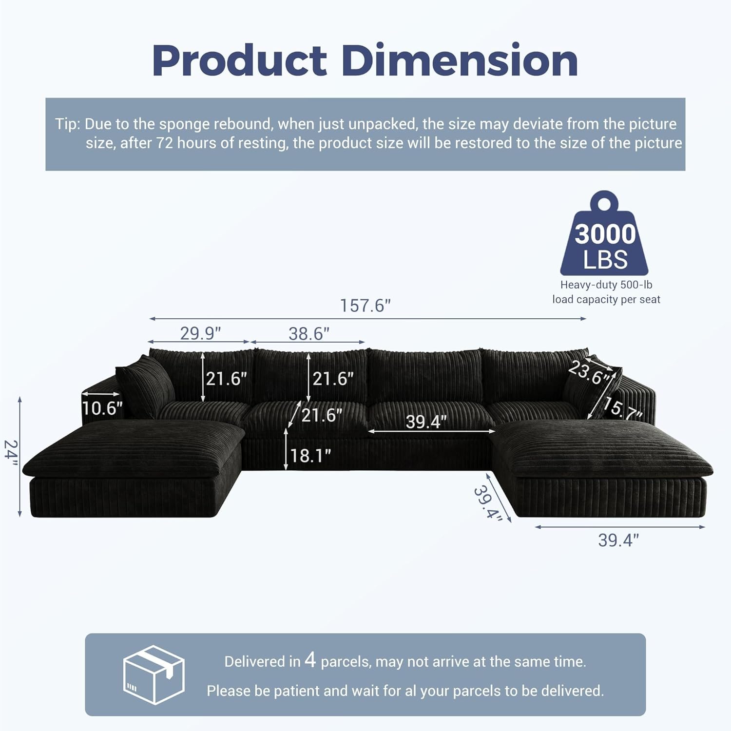 157.6" Oversized Cloud Boneless Sofa with 2 Ottomans, Modern Corduroy U Shaped Modular Sectional Couch, Deep Seat Floor Furniture Set, No Assembly Required (4 Seater+2 Ottoman)