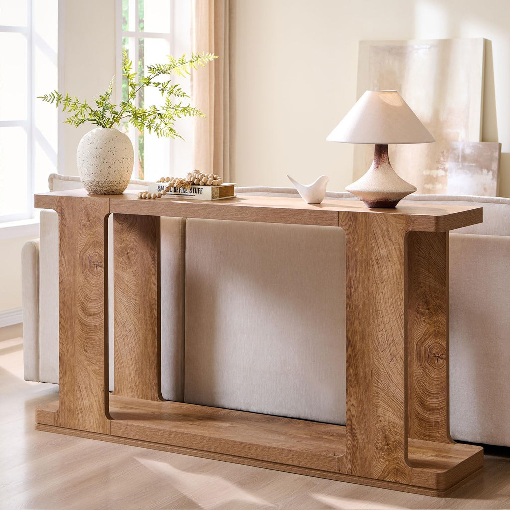 OKD 63 Inch Modern Entryway Console Table, 2-Tier Long Sofa Table Behind Couch with Curved Edge, Wood Farmhouse Narrow Entry Table for Hallway, Living Room, Foyer, Entrance, Light Tree Knot