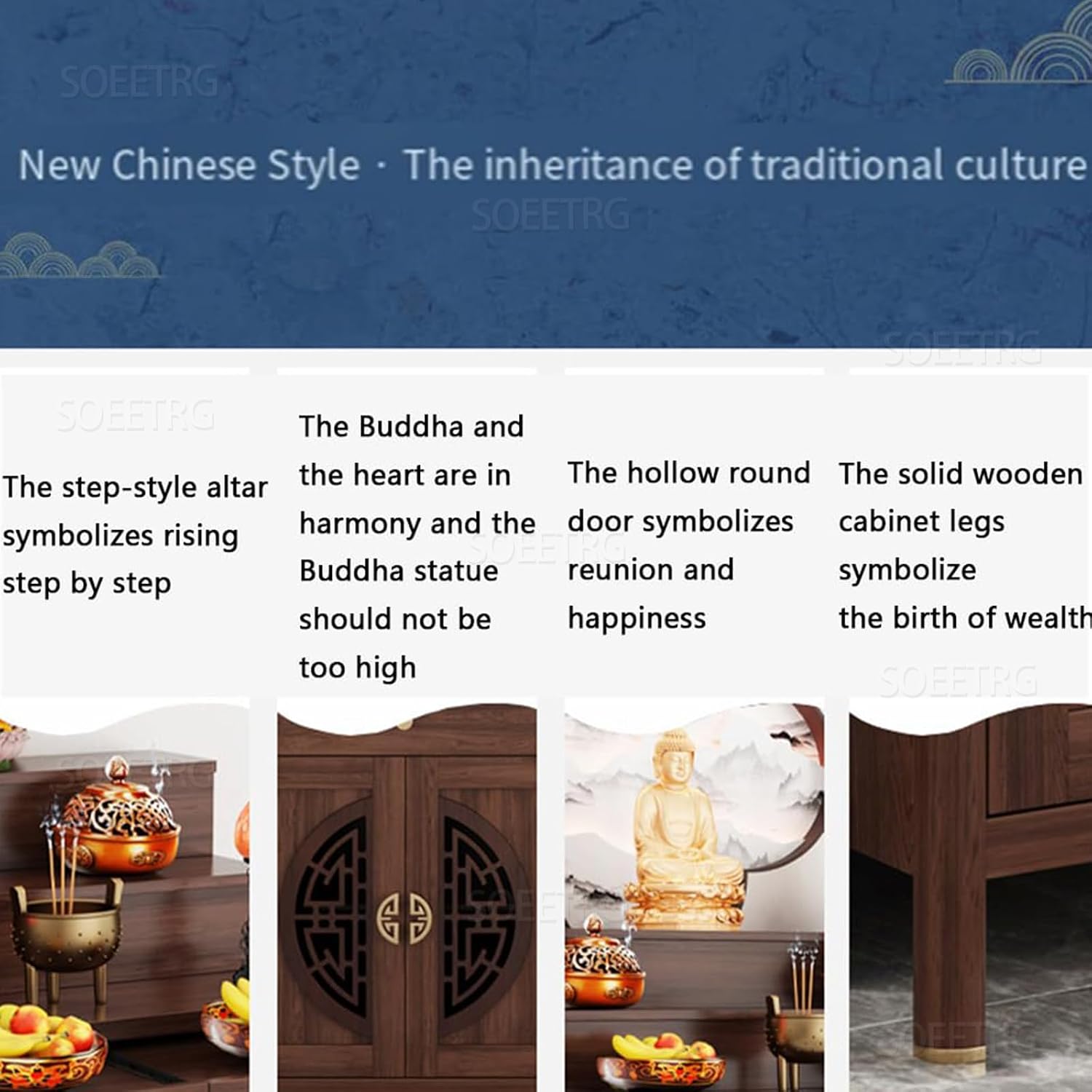 Wood Prayer Altar Table with Storage Cabinet and Drawer, Chinese Buddha Shrine Display Stand, Buddhist Decorative Side Table for Living Room (Wood, 50" L x 24" W x 50" H)