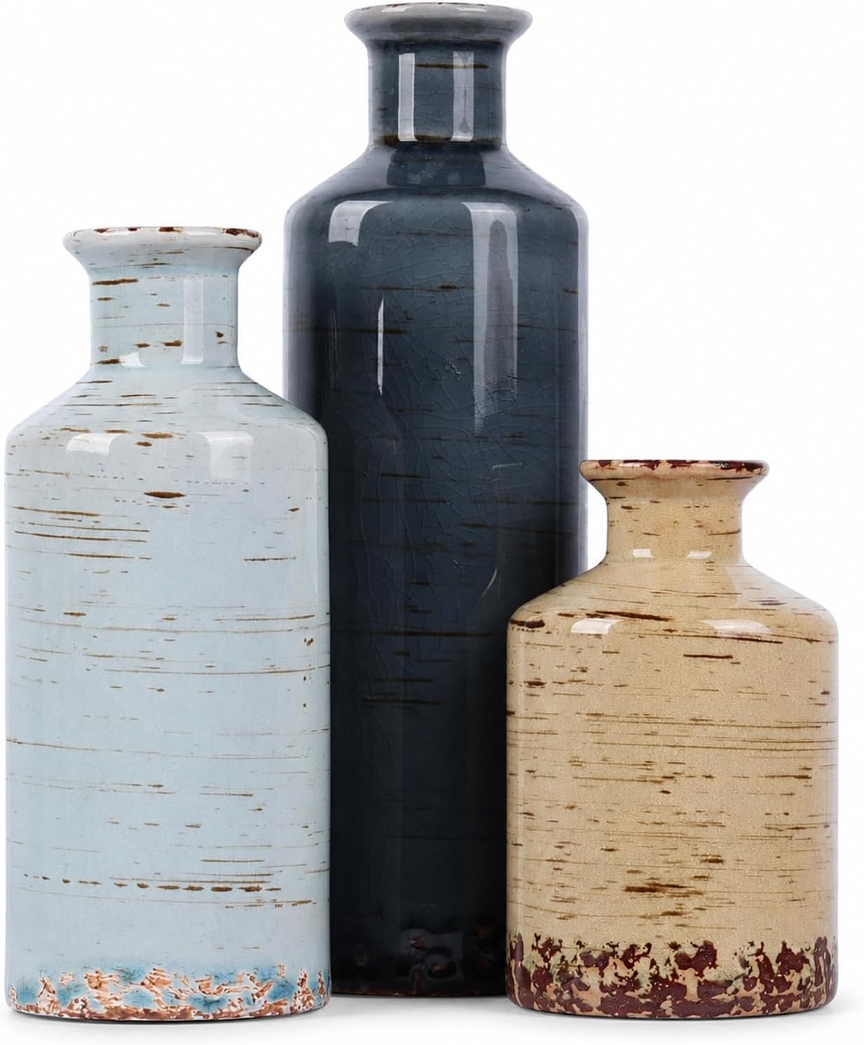 Blue and Beige Ceramic Vase Set of 3 – Rustic Distressed Glaze Pottery Vases, Small Vintage Flower Vases for Home Decor, Farmhouse, Modern Rustic, Shelf, Mantle, Table Centerpiece Decorations