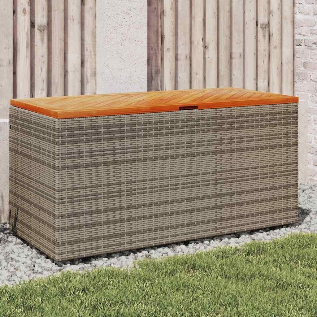 Outdoor Storage Bench with Acacia Wood Top, 43.3x19.7x21.3 Inch Poly Rattan Storage Box for Patio, Gray Garden Box with Water-Resistant Bag and Gas Spring Lid