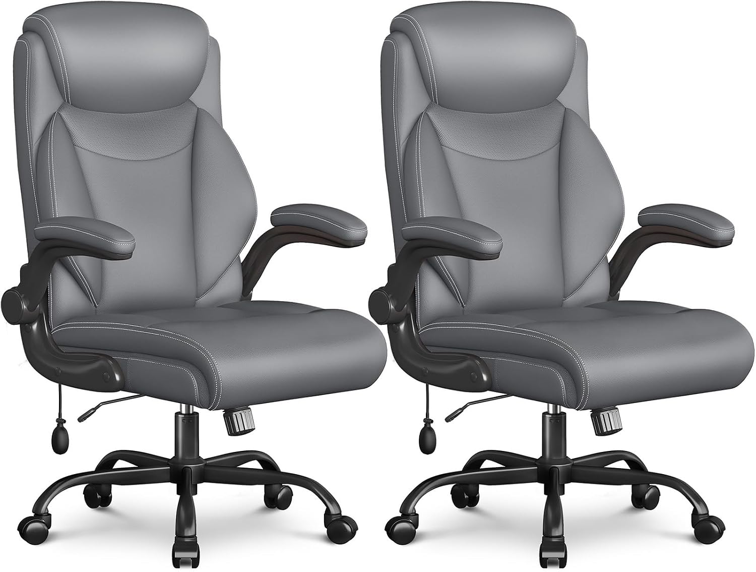Ergonomic Office Chair, Big and Tall Office Chair, Executive Chair- Padded Leather Comfy Chair with Adjustable Lumbar Support & Flip-Up Arms, Swivel Chair for Home Office,2 Pack