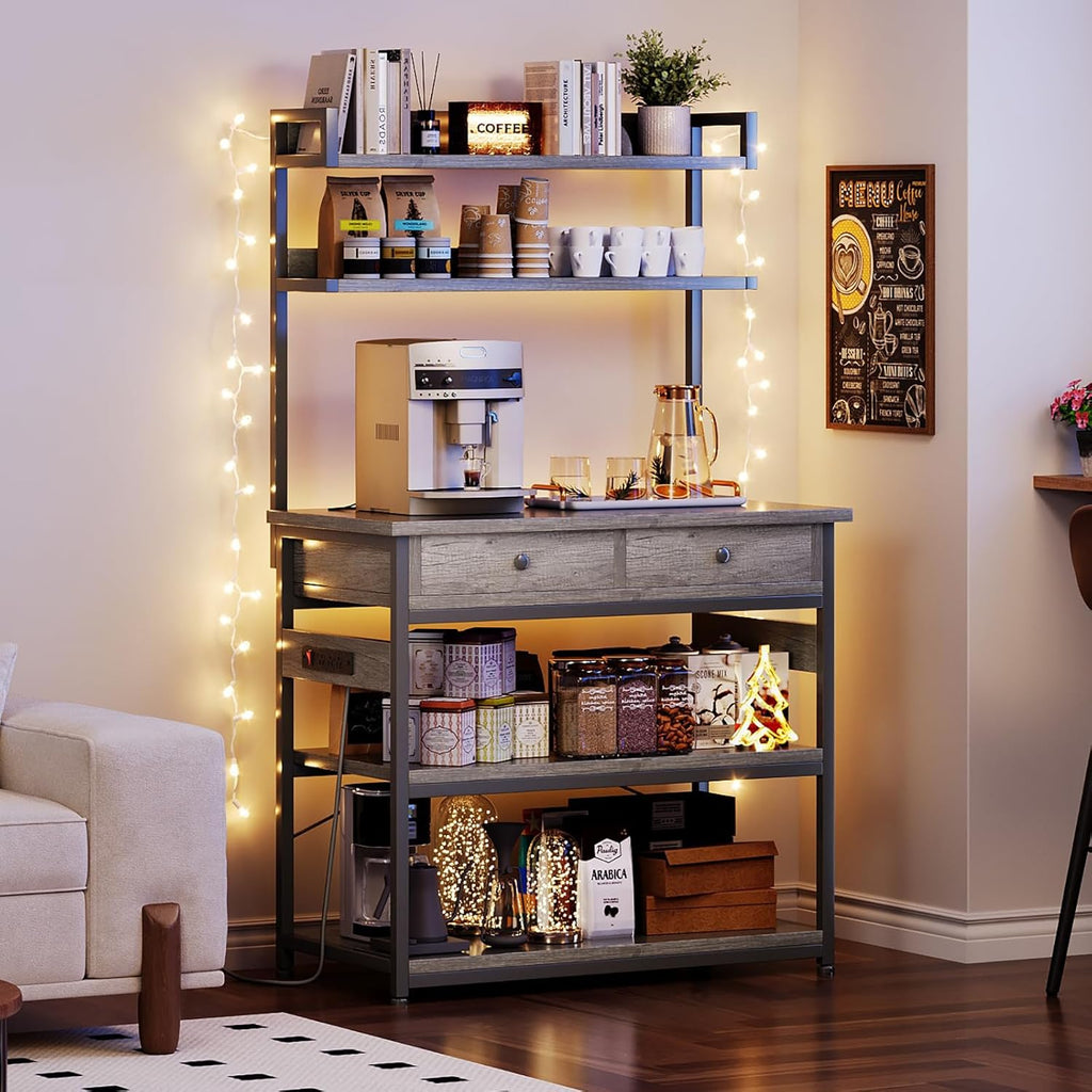 Mexin Baker's Rack with Power Outlet, 5-Tier Kitchen Storage Shelf with 2 Drawers, Industrial Microwave Stand Coffee Bar Station, 58.5" Heavy Duty Utility Rack for Spice Pots and Pans, Gray Oak