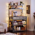 Mexin Baker's Rack with Power Outlet, 5-Tier Kitchen Storage Shelf with 2 Drawers, Industrial Microwave Stand Coffee Bar Station, 58.5" Heavy Duty Utility Rack for Spice Pots and Pans, Gray Oak