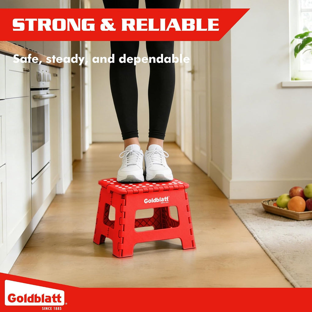 Goldblatt 8.5" Folding Step Stool for Adults and Kids, Lightweight Heavy-Duty Plastic Portable Foldable Stool with Non-Slip Top and Anti-Skid Feet, 300 lbs Capacity, Kitchen & Bathroom, Red