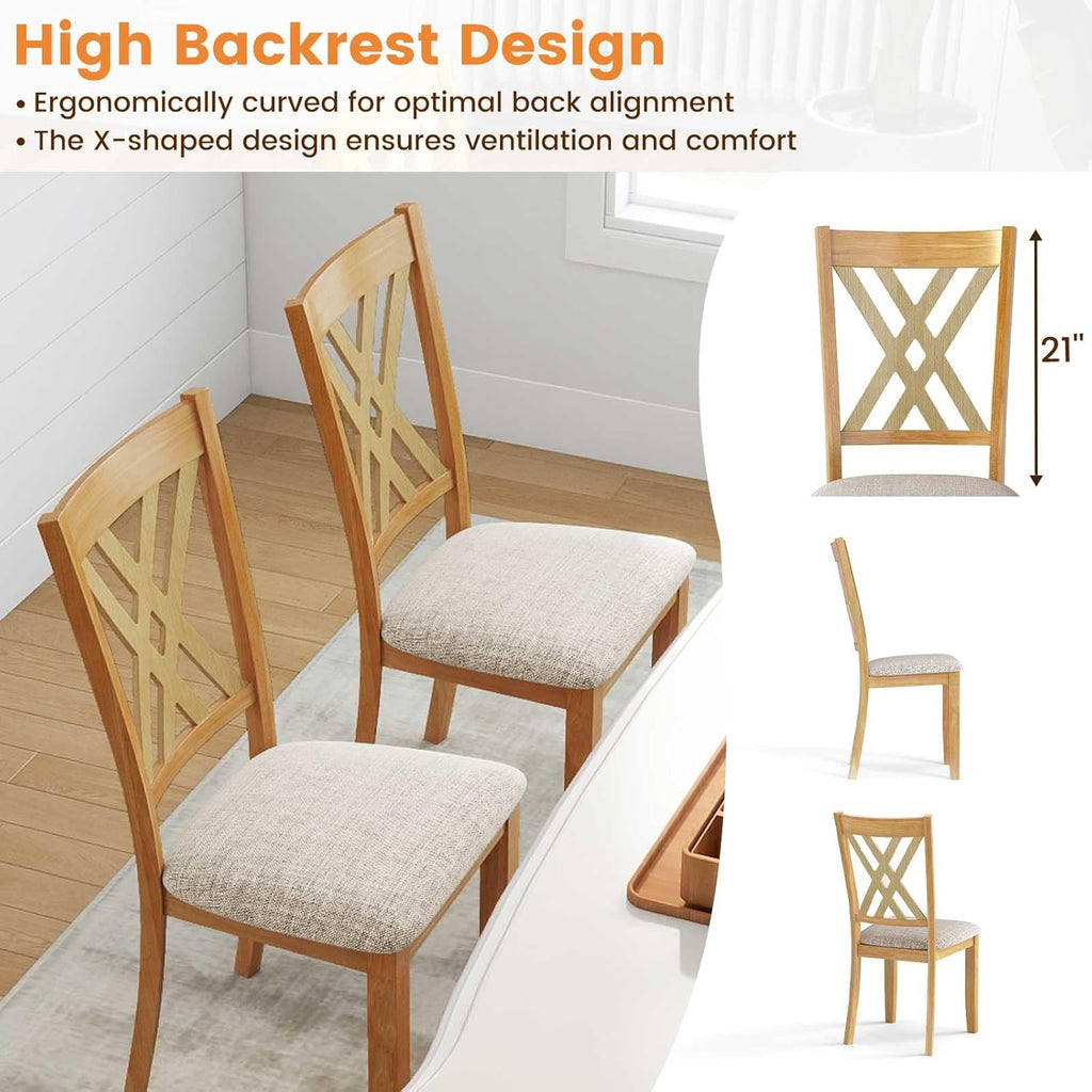 Giantex Wooden Dining Chairs Set of 2, Linen Fabric Upholstered Kitchen Chair w/Rubber Wood Frame, Wide Padded Seat, Curved Cross Back, Farmhouse Side Chairs for Dining Living Room Restaurant