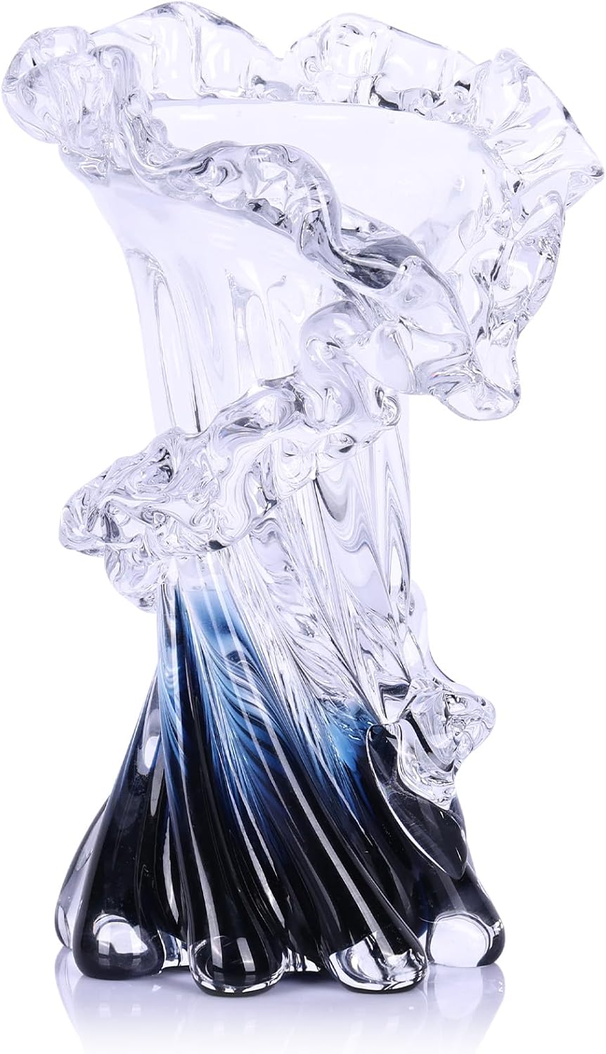 Hand Blown Blue Glass Vase, Unique Art Beautiful Ocean Glass Vase for Coastal Home Decor, Coffee Table, Living Room, Office Decor - 8" H