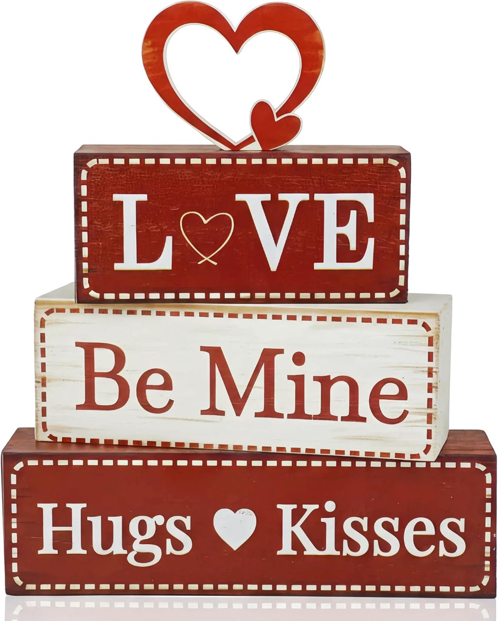 4 Pcs Valentine's Day Decorations, Wooden Valentines Decor for Home Table with Stacked Blocks & Heart Accent, Galentines Day Deco for Tiered Tray Farmhouse Shelf Mantle Home Office
