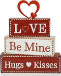 4 Pcs Valentine's Day Decorations, Wooden Valentines Decor for Home Table with Stacked Blocks & Heart Accent, Galentines Day Deco for Tiered Tray Farmhouse Shelf Mantle Home Office