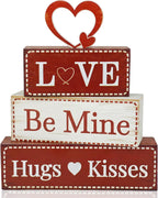 4 Pcs Valentine's Day Decorations, Wooden Valentines Decor for Home Table with Stacked Blocks & Heart Accent, Galentines Day Deco for Tiered Tray Farmhouse Shelf Mantle Home Office