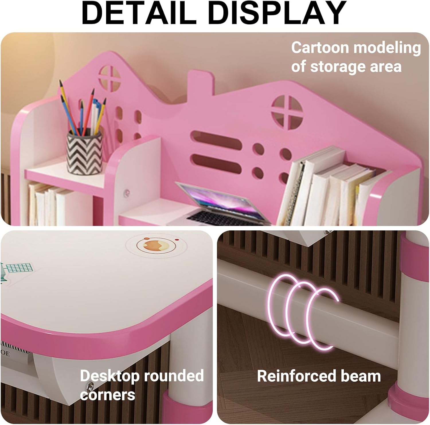 Kids Adjustable Height Desk and Chair Set with Drawer and Storage, Kids Table and Chairs School Study Desk for Kids Pink