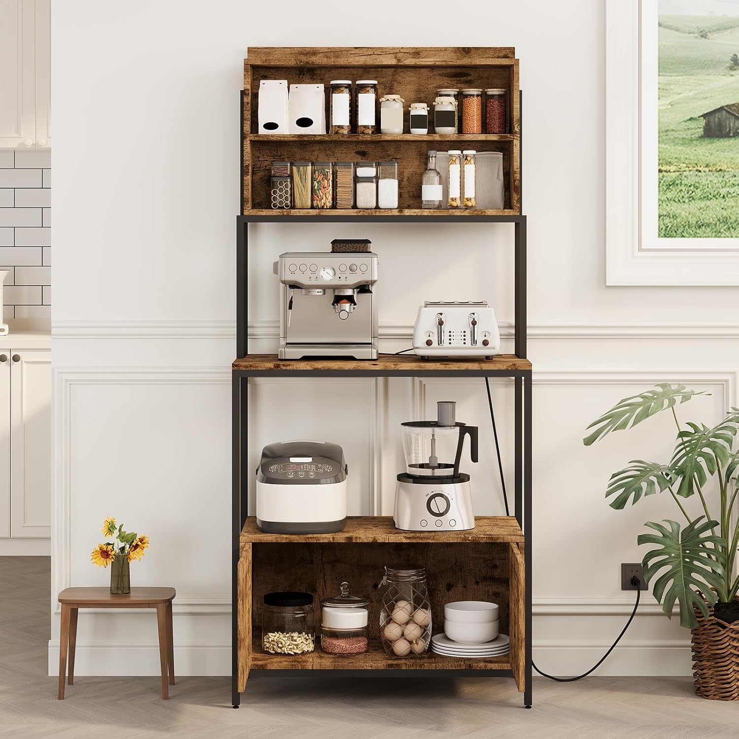 Garvee Bakers Rack with Storage Cabinet, 68" Industrial 6-Tier Kitchen Storage Shelf with Cabinet,Microwave Stand,Shelves,Freestanding Coffee Bar for Pots, Spices & Kitchen Essentials
