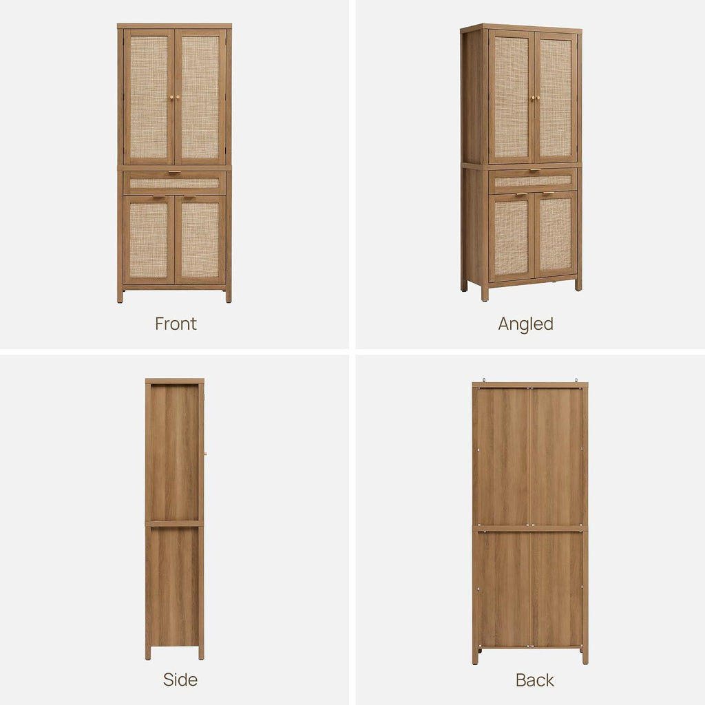 SICOTAS 72" Tall Pantry Cabinet - Rattan Kitchen Storage Cabinet with Large Drawer & 4 Doors, Farmhouse Freestanding Cupboard Pantry with Storage for Living Room, Dining Room, Oak