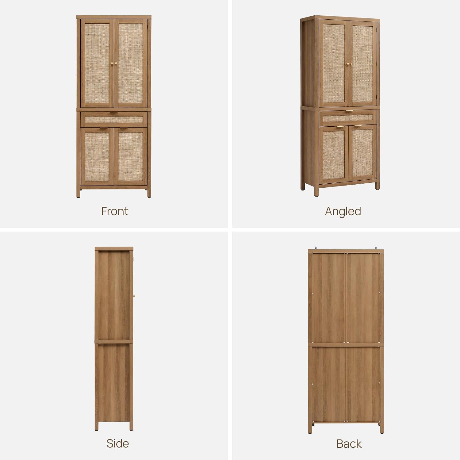 SICOTAS 72" Tall Pantry Cabinet - Rattan Kitchen Storage Cabinet with Large Drawer & 4 Doors, Farmhouse Freestanding Cupboard Pantry with Storage for Living Room, Dining Room, Oak