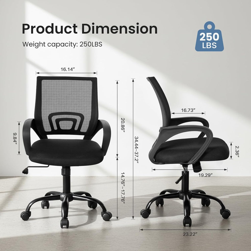 DUMOS Home Office Chair - Ergonomic Mid Back Mesh Desk Chair with Lumbar Support & Rocking Mode, Height Adjustable with Fixed Armrest, for Computer, Gaming, Meeting, 360° Swivel, Black