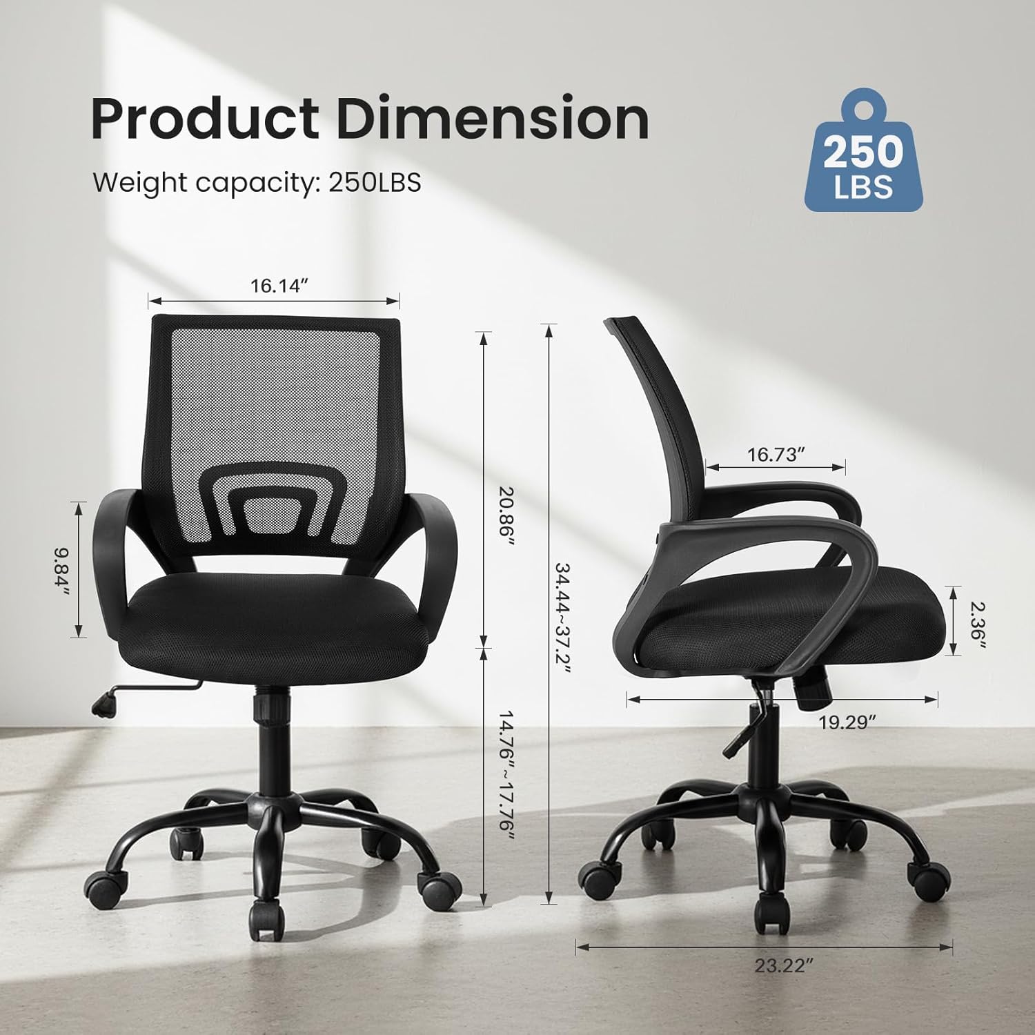 DUMOS Home Office Chair - Ergonomic Mid Back Mesh Desk Chair with Lumbar Support & Rocking Mode, Height Adjustable with Fixed Armrest, for Computer, Gaming, Meeting, 360° Swivel, Black