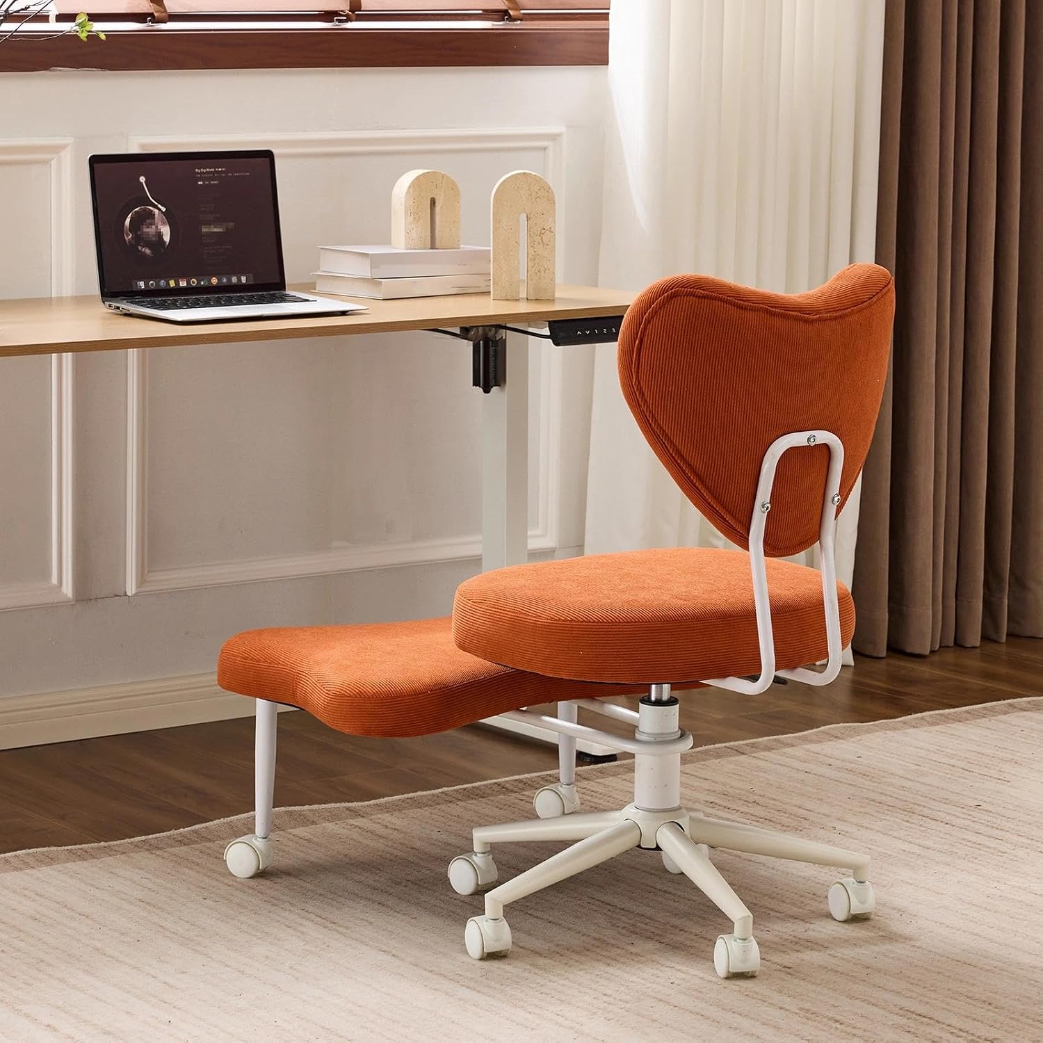 Ergonomic Cross Legged Office Chair with Wheels, 360° Swivel Adjustable Height Meditation Chair, Kneeling Posture Seat with High Back & Lumbar Support for Home Office, Yoga, Study(Orange)