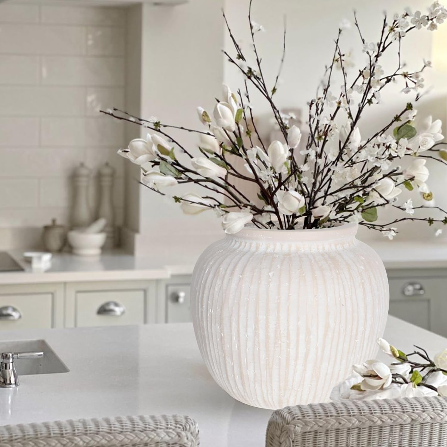 Oakrain Large Rustic Minimalist Vase, 11" Distressed Round Floor Vase for Home Decor, Farmhouse Decorative Centerpieces for Living Room Bedroom, Vintage White