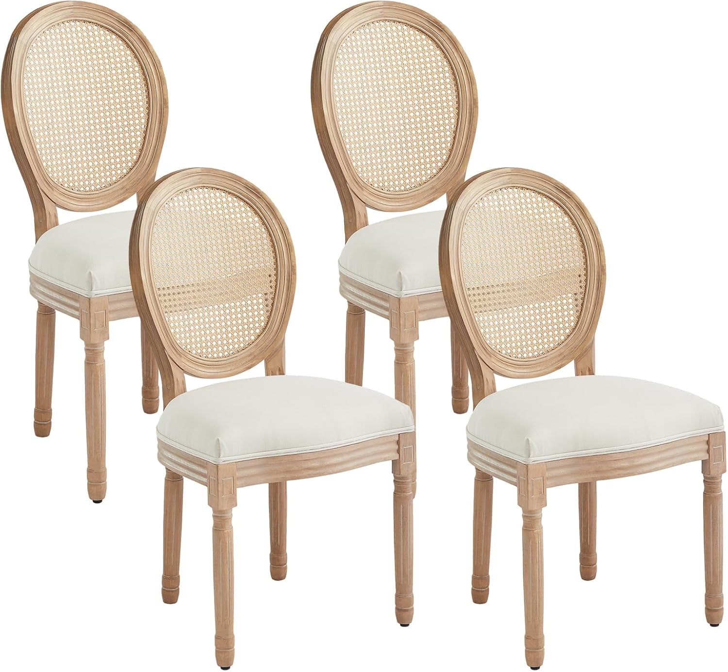 Virabit French Dining Chairs Set of 4, Hand-Woven Rattan Farmhouse Upholstered Dining Chairs with Curved Backrest and Beautifully Carved Solid Wood Frame for Living Room, Kitchen, Restaurant