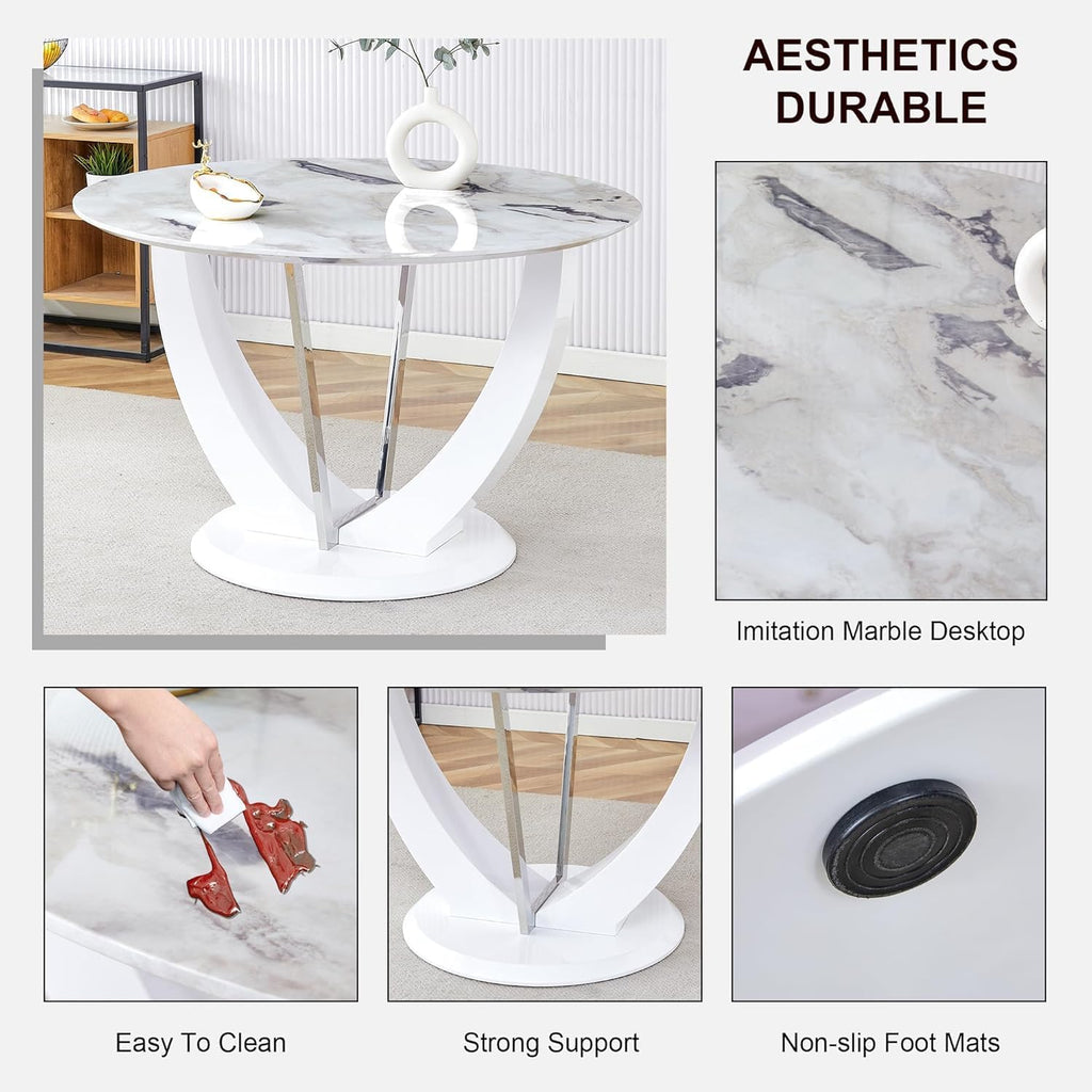 47" Round Dining Table Set for 4, Faux Marble Kitchen Table with 4 Upholstered Chairs, Modern High Glossy Base Table Set for Kitchen Dining Room
