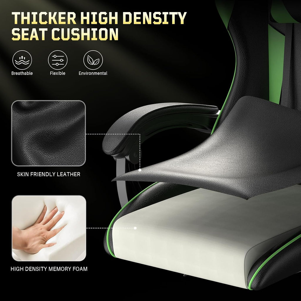Bigzzia Gaming Chair, Ergonomic Video Game Chairs with Pillow and Lumbar Support, Racing Style Height Adjustable Computer Chair with 360°-Swivel Seat for Adults and Kids（Green）