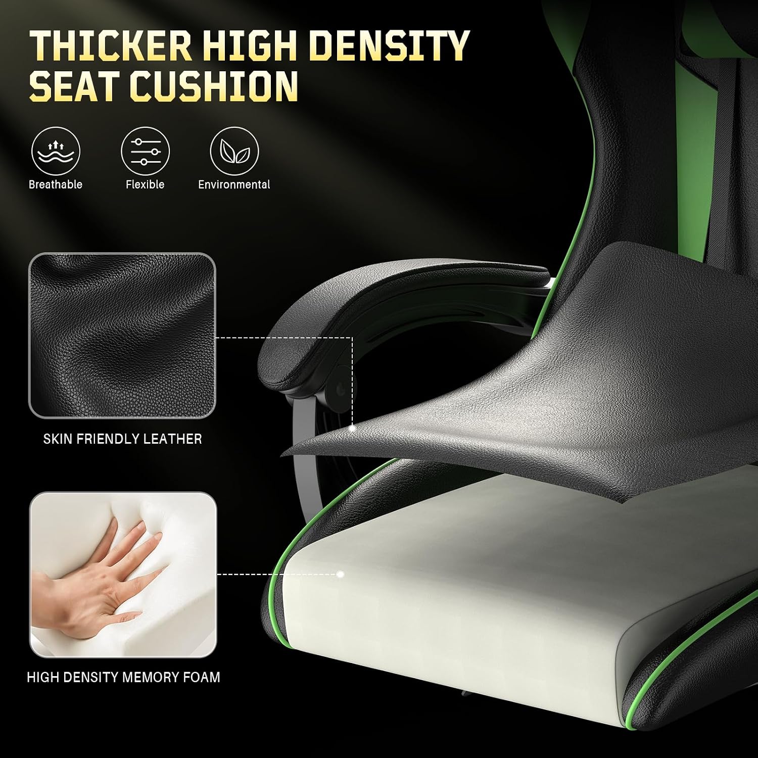 Bigzzia Gaming Chair, Ergonomic Video Game Chairs with Pillow and Lumbar Support, Racing Style Height Adjustable Computer Chair with 360°-Swivel Seat for Adults and Kids（Green）