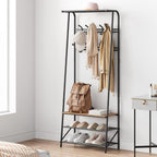 Jojoka Coat Rack Hall Tree with Shoe Storage Bench, 4-in-1 Entryway Organizer with 10 Hooks & 3-Tier Shoe Rack, Sturdy Metal Frame Freestanding Storage Unit for Hallway (Brown-Double Row, 25.2in)