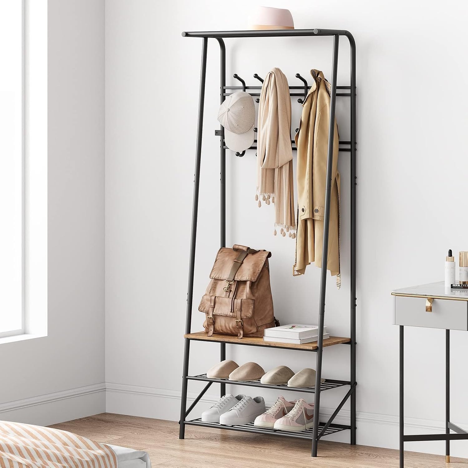 Jojoka Coat Rack Hall Tree with Shoe Storage Bench, 4-in-1 Entryway Organizer with 10 Hooks & 3-Tier Shoe Rack, Sturdy Metal Frame Freestanding Storage Unit for Hallway (Brown-Double Row, 25.2in)