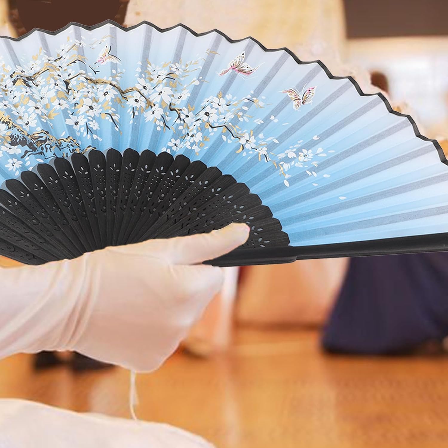 Folding Hand Fan, Material Smooth Opening Closing Lightweight Foldable, with Hollow Out Design, for Wedding Party Gift Dance Props Home Office Decoration (Blue)