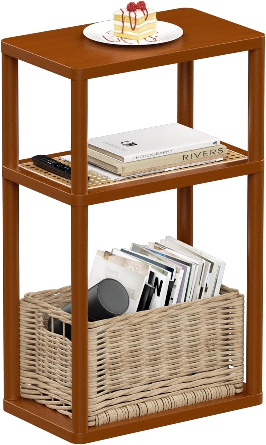 YGYQZ Rattan End Table, 3-Tier Narrow Side Table for Small Spaces, Wood Sofa Side Table Nightstand with Storage Shelves for Living Room Bedroom, Boho Slim Corner Table