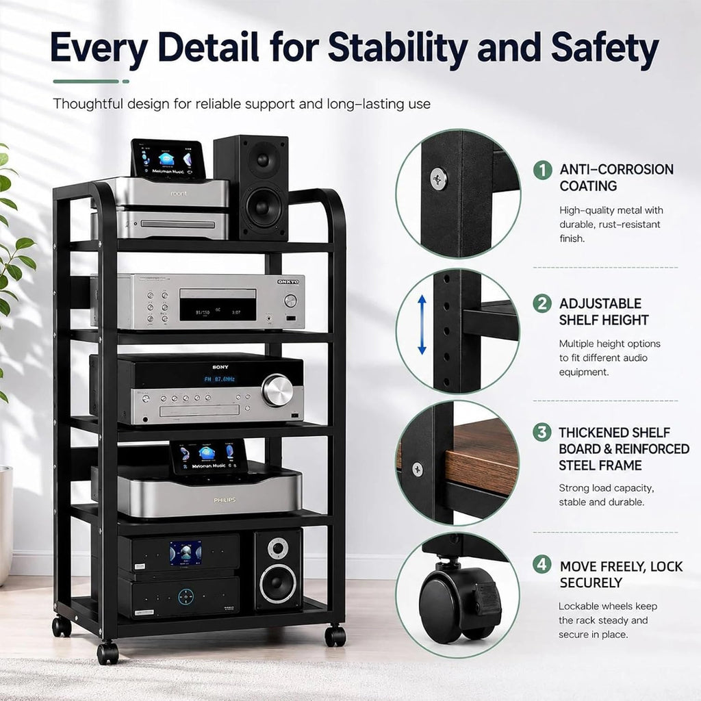 5-Tier Audio Rack with Wheels, Adjustable AV Media Stand for Stereo Components, Heavy Duty Stereo Cabinet with Open Airflow Shelves, Audio Equipment Rack for Living Room and Home Theater