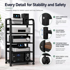 5-Tier Audio Rack with Wheels, Adjustable AV Media Stand for Stereo Components, Heavy Duty Stereo Cabinet with Open Airflow Shelves, Audio Equipment Rack for Living Room and Home Theater
