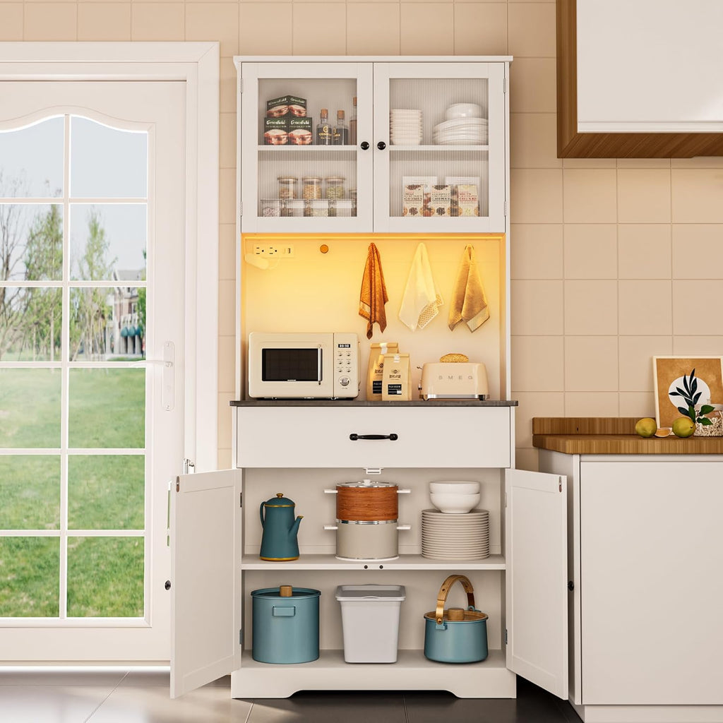 Gizoon 71" H Pantry Cabinet with LED Lights, Tall Farmhouse Kitchen Storage Cabinet with Charging Station, Modern Coffee Bar with Doors and Drawers, for Dining Room, Tabletop-Grey
