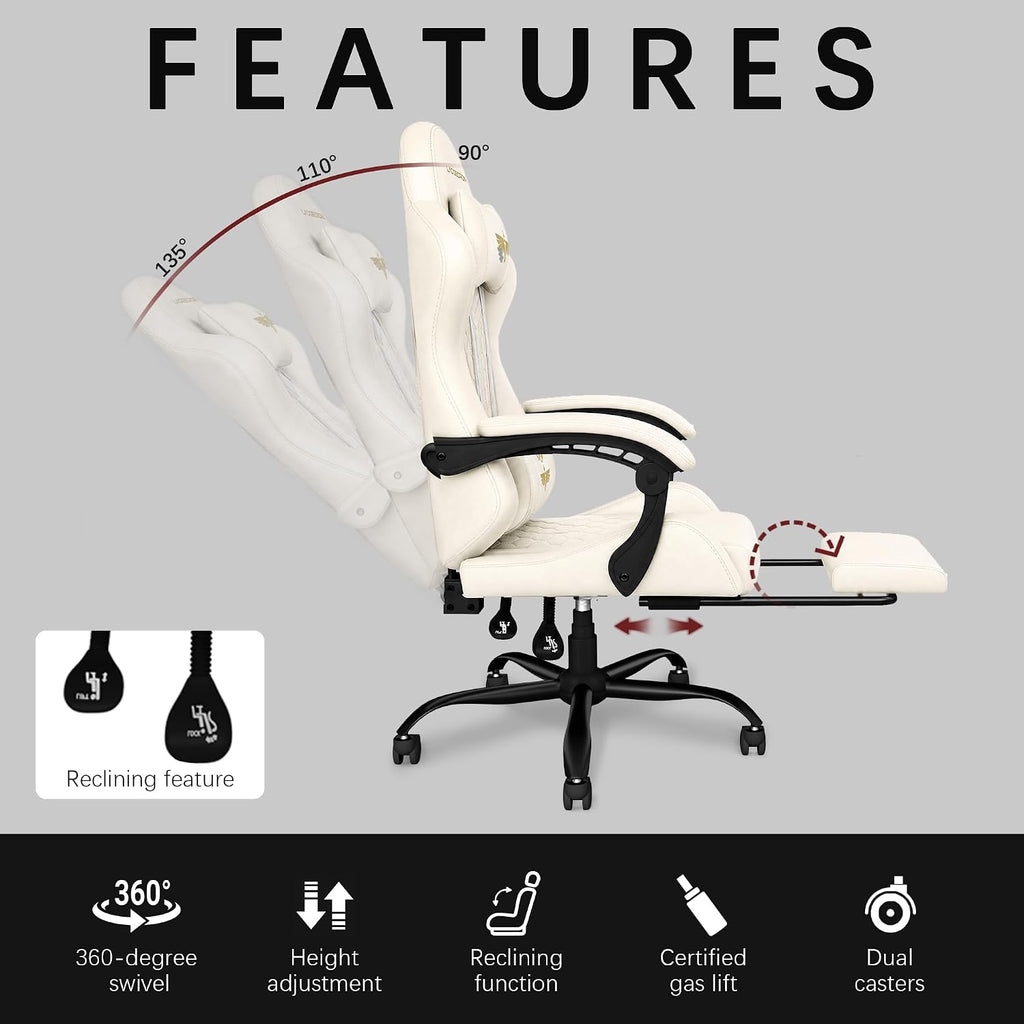 Gaming Chair, Heavy Duty Ergonomic Computer Gaming Chairs, High Back Video Game Chairs, 400 lbs Lumbar Support Linked Armrests Adult sillas Gamer with Retractable Footrest (Off-White)