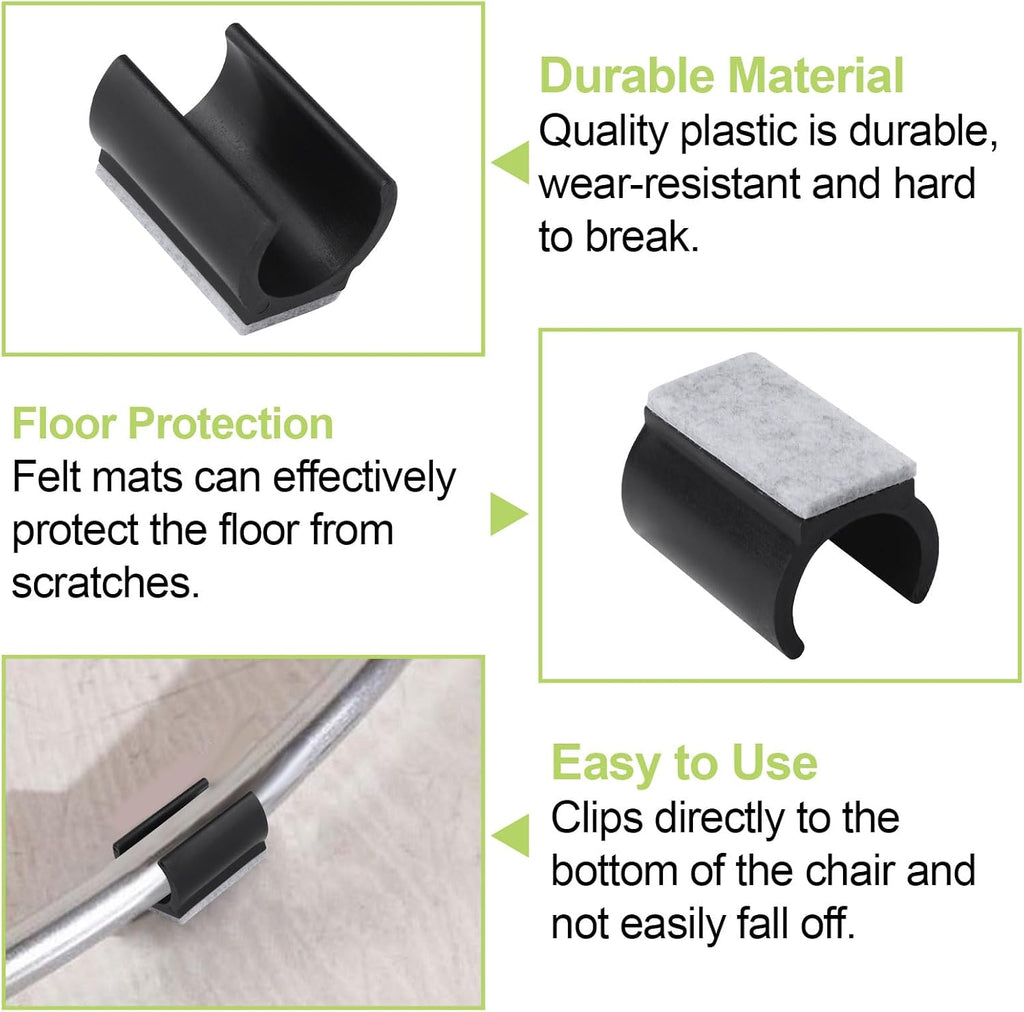 90Pcs Chair Pads 25mm Plastic Chair Leg Floor Protectors with Felt Pads U Shaped Furniture Feet Protectors Non-Slip Rectangle Tubular Legs Caps (Black)