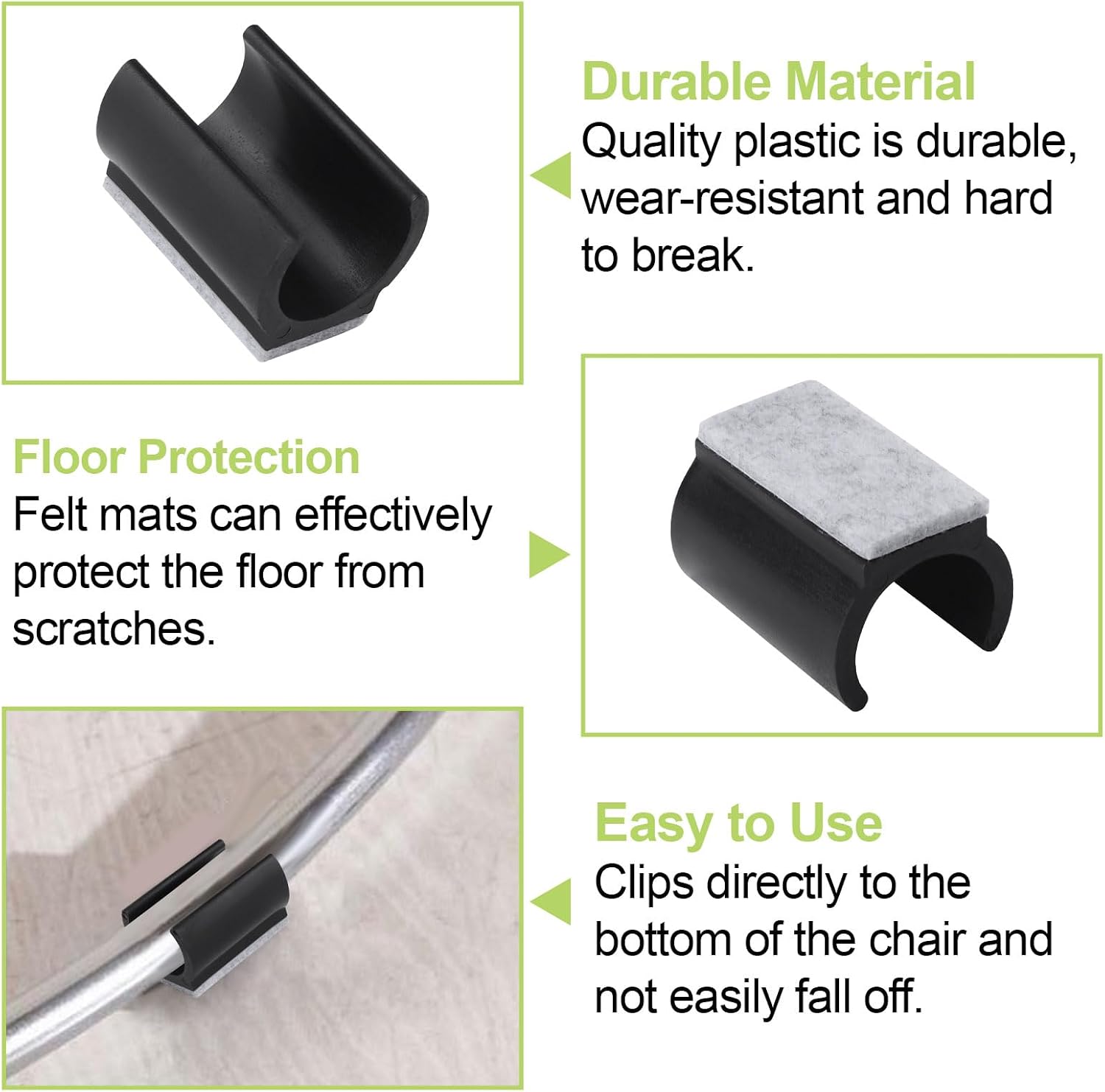 90Pcs Chair Pads 25mm Plastic Chair Leg Floor Protectors with Felt Pads U Shaped Furniture Feet Protectors Non-Slip Rectangle Tubular Legs Caps (Black)