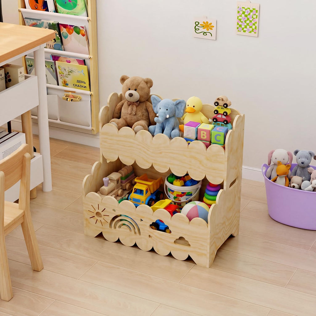 Solid Wood 2-Tier Kids Toy Storage Organizer, Kids Bookshelfs,Montessori Bookshelf Large Stuffed Animal Storage Bin Toddler Playroom Toy Box, Suitable for Kids Rooms, Nursery, Toddler Book Rack
