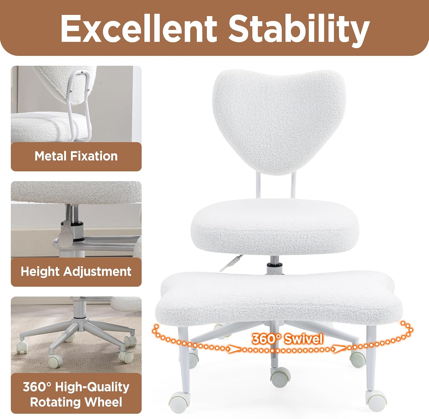 Teddy Cross Legged Office Chair with Wheels, Ivory 360° Rotation Meditation Criss Chair, Height Adjustable Backrest and Wider Seat, Yoga Office ADHD Chair for Adults (Beige)