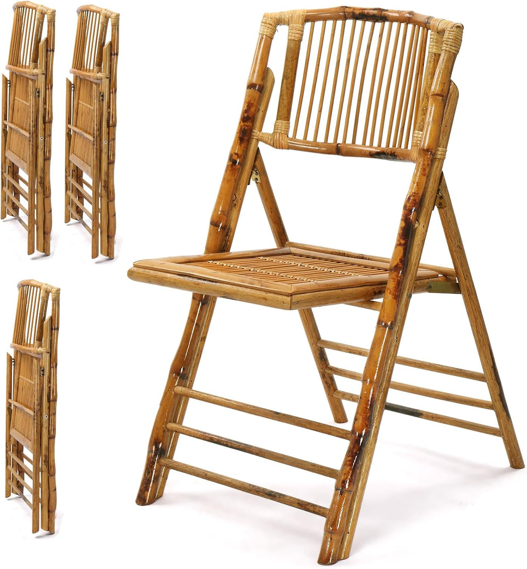 VINGLI Bamboo Folding Chair, Foldable Dining Wood Chairs Comfortable Seat for Outdoor & Indoor, Patio, Porch, Wedding, Party, Event,Brown (4 Pack)
