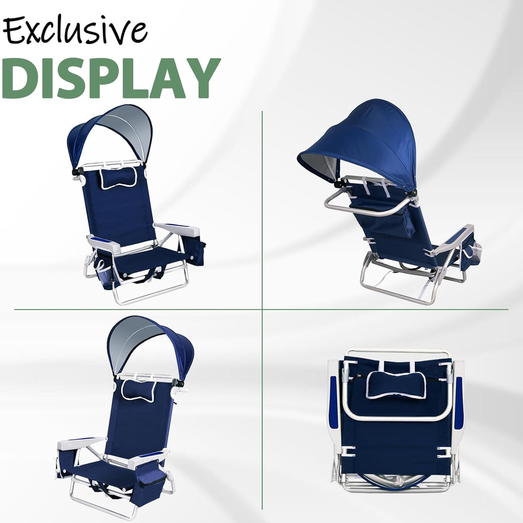 Romswi Extra Wide Beach Chair with Canopy Shade, 2 Pack Aluminum Folding Chairs with Detachable & Adjustable Umbrella, 5-Position Lay Flat, Cooler Bag, Cup & Phone Holder, Towel Bar, Navy Blue
