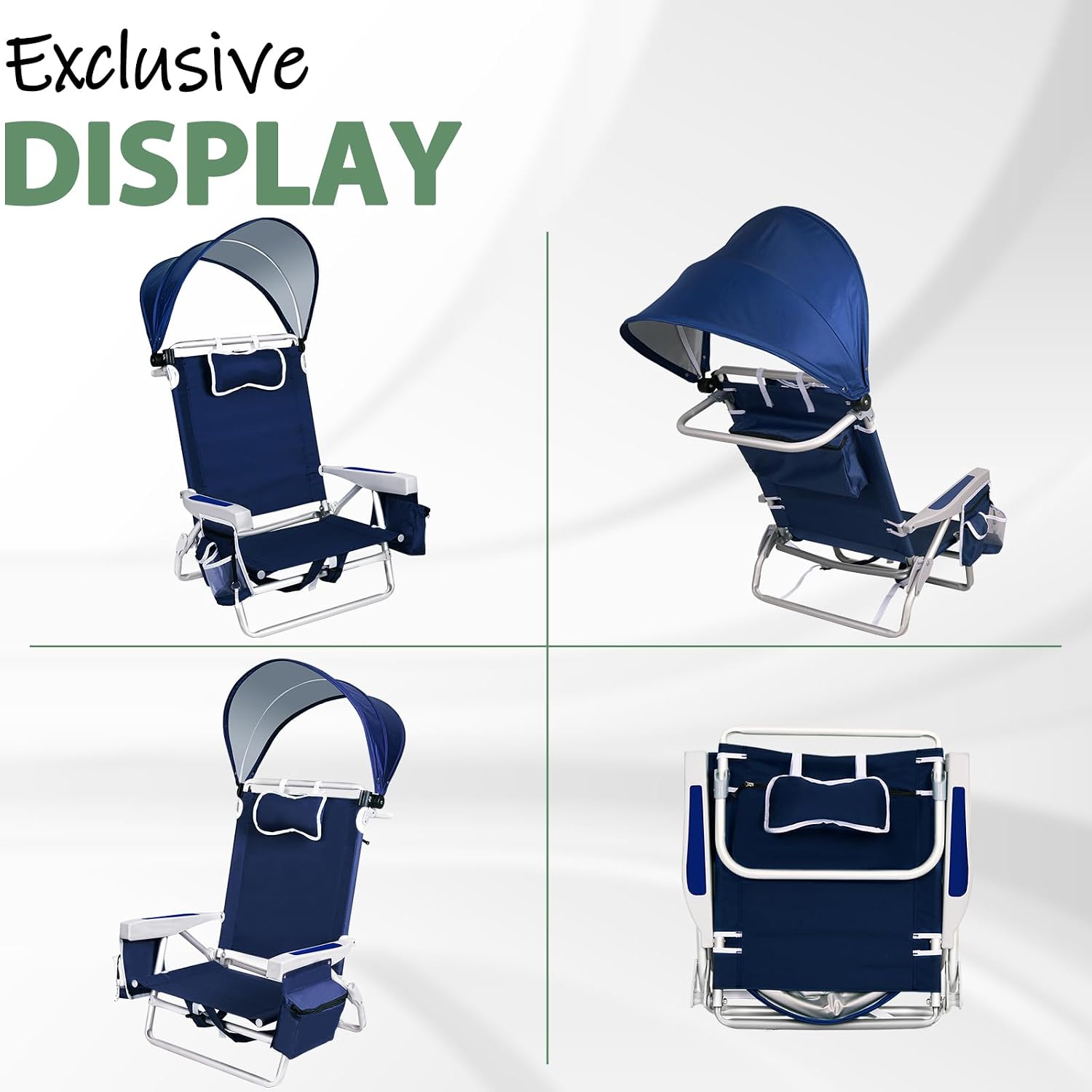 Romswi Extra Wide Beach Chair with Canopy Shade, 1 Pack Aluminum Folding Chairs with Detachable & Adjustable Umbrella, 5-Position Lay Flat, Cooler Bag, Cup & Phone Holder, Towel Bar, Navy Blue