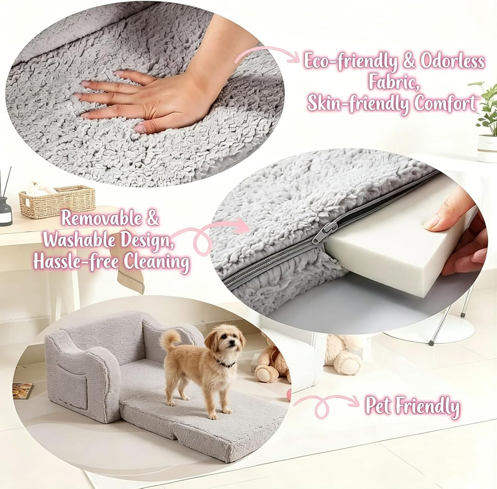 MOMCAYWEX Kids Sofa, 2-in-1 Flip-Out Foam Couch with Soft Sherpa Cover, Cozy Play Lounge Chair, Grey